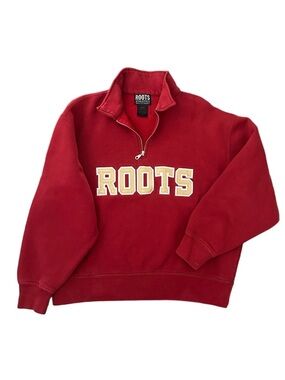 Vintage 90s Roots Athletics Red & Gold Quarter-Zip Oversized Pullover Size Med